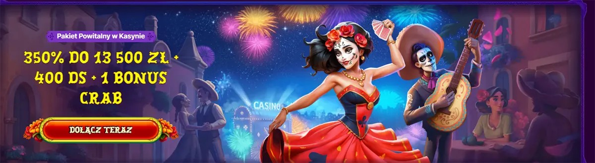 Colorful casino welcome bonus banner with Dia de los Muertos characters, fireworks, and a 350% bonus offer.