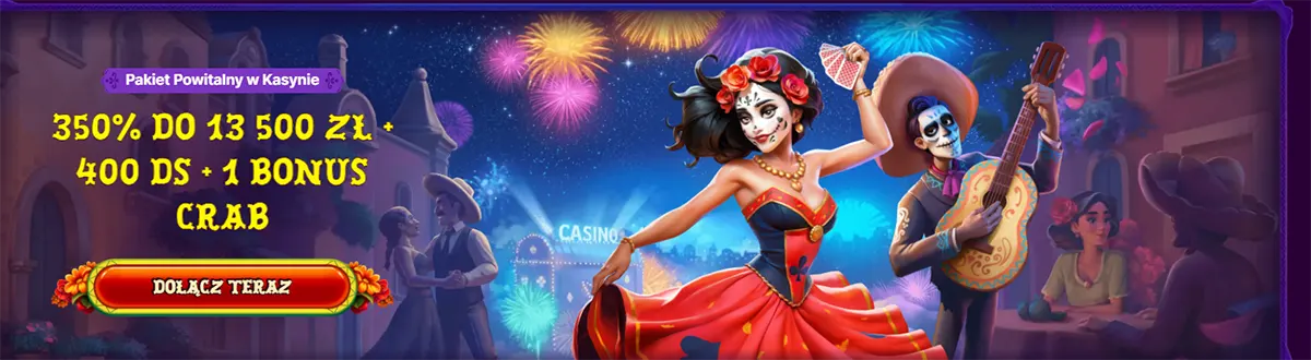 Colorful casino welcome bonus banner with Dia de los Muertos characters, fireworks, and a 350% bonus offer.