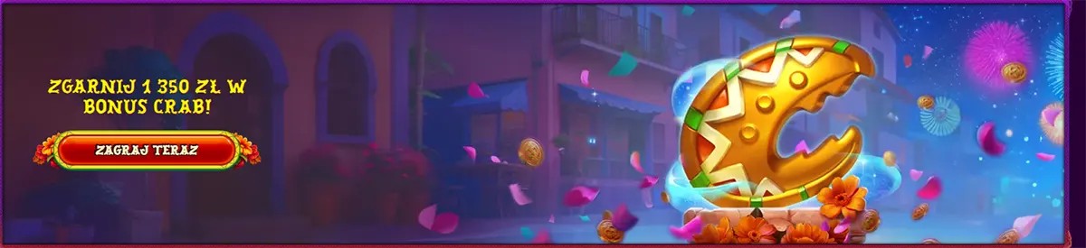 Golden crab coin bonus banner with festive confetti and a play now button.