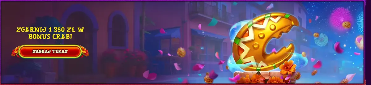 Golden crab coin bonus banner with festive confetti and a play now button.