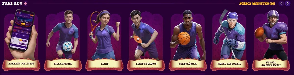 Sports betting section showing football, tennis, table tennis, basketball, ice hockey, and American football icons.