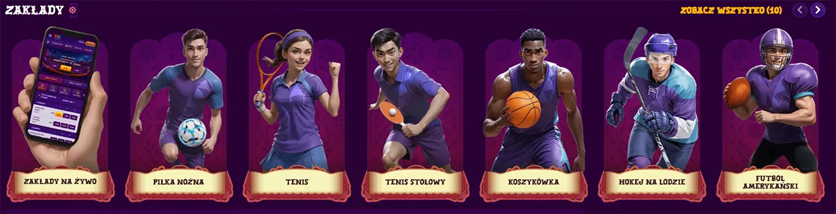 Sports betting section showing football, tennis, table tennis, basketball, ice hockey, and American football icons.