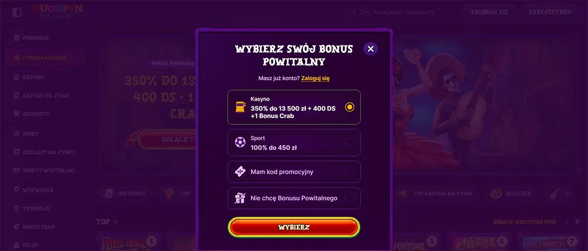 Polish welcome bonus selection popup showing casino and sports bonus options.