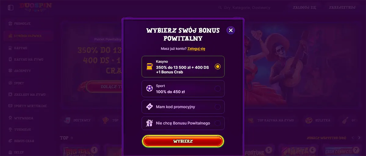 Polish welcome bonus selection popup showing casino and sports bonus options.